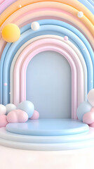 Pastel rainbow arch backdrop with platform for product display AI generative