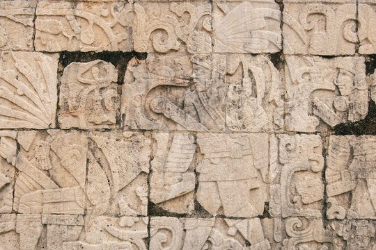 Ancient Mayan Carved Wall at Chichen Itza, Mexico