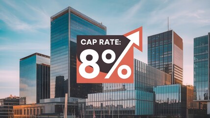 Property investment concept: An 8% cap rate shown against a backdrop of modern office buildings, suggesting financial growth.