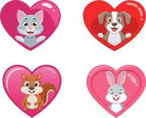 Cute animal friends in hearts: A collection of cute cartoon animals (cat, dog, squirrel, rabbit) peeking out from heart-shaped frames, ideal for expressing love, care, or friendship.