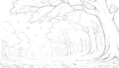Fototapeta premium Detailed line art sketch of a tranquil autumn forest