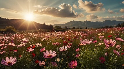 Vintage landscape nature background of beautiful cosmos flower field on sky with sunlight in spring.