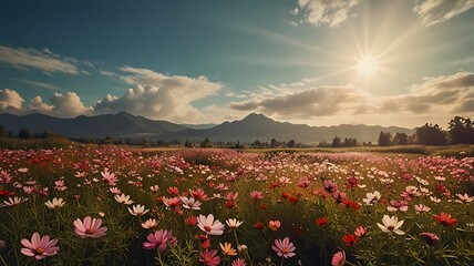 Vintage landscape nature background of beautiful cosmos flower field on sky with sunlight in spring.