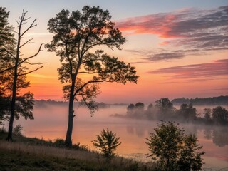 Fototapeta premium High DOF sunrise lake photos; misty dawn, trees silhouetted against fog, stunning water reflections.