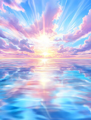 Serene sunrise over calm ocean, pastel colors reflected in water AI generative