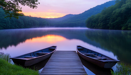 Serene sunrise over misty lake with two boats on a wooden dock AI generative
