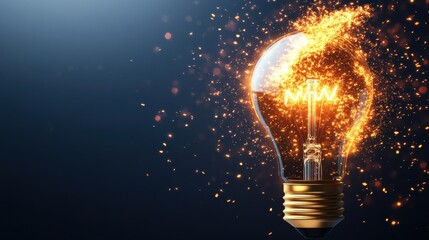 A luminous glowing lightbulb featu the letters MW intricately inscribed inside, surrounded by enchanting sparkling embers on a dark blue background