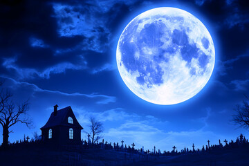 Silhouetted house and graveyard under a large, blue moonlit night sky AI generative