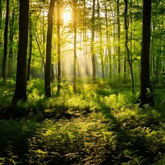 Fototapeta premium Breathtaking View of a Lush Green Forest with Sunlight Filtering Through Trees