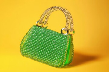 Stylish green beaded handbag with clear handle on yellow backdrop trendy accessory for fashion lovers