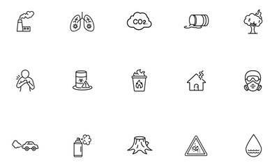 A collection of pollution-themed outline icons, covering air contamination, industrial emissions, health risks, and environmental damage. Perfect for eco-awareness, infographics, and environmental cam