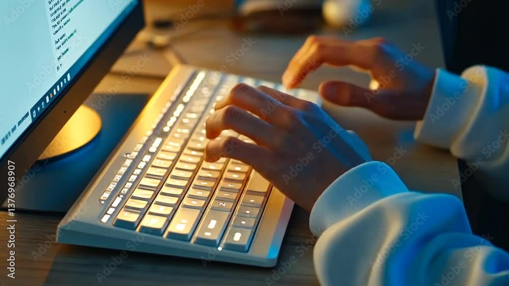 Poster person typing on a computer keyboard in a cozy workspace generative ai