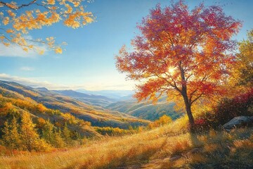 Fototapeta premium Vibrant Autumn Landscape with Golden Sunlight and Colorful Foliage