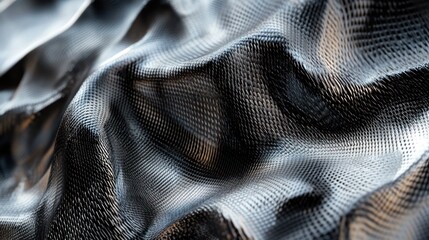 Naklejka premium Abstract, wavy, metallic fabric texture. A close-up view of a flowing, undulating material with a complex, grid-like pattern. The dark gray and light gray tones create depth and a sense of movement