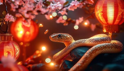 Happy Chinese New Year 2025 Card Banner Gold Snake Lanterns Cherry Blossoms