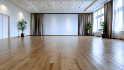 Spacious, bright hall with hardwood floor, projection screen, and large windows AI generative