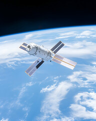 Obraz premium Spacecraft orbiting Earth, solar panels deployed, against a backdrop of blue atmosphere and dark space AI generative