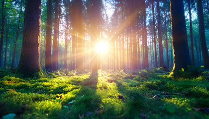 Fototapeta premium Sun rays burst through dense forest, illuminating mossy ground AI generative