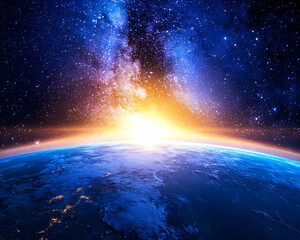 Fototapeta premium Sunrise over Earth, showcasing vibrant Milky Way galaxy above a partly illuminated planet AI generative