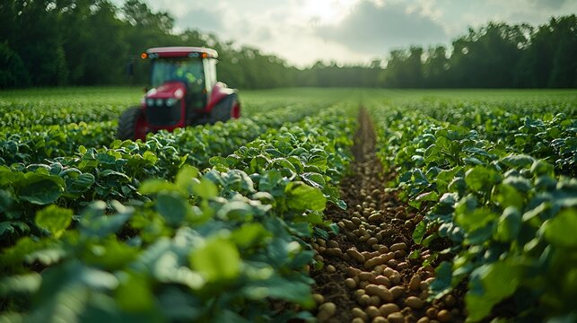 Tractor harvesting peanuts in a vast field at sunset.
