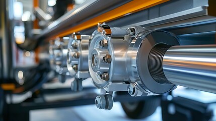 Fototapeta premium High Precision Industrial Machinery Close Up Detailed View of Metal Parts Steel Components Modern Technology Manufacturing Process Engineering Equipment Chrome Polished Metal Parts Mechanical 