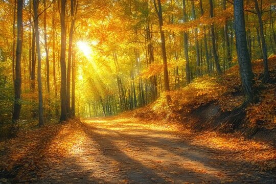 Autumn Serenity in a Forest Pathway with Sunlight and Vibrant Foliage - Powered by Adobe