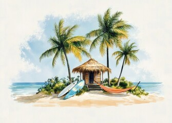 Tropical Island Relaxation with Palm Trees Surfboards Hammock and Clear Ocean
