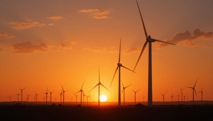 Fototapeta premium Majestic Sunset Silhouette of Wind Turbines Generating Clean Energy
