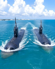 Two submarines sailing in parallel on a sunny day, leaving a wake in the ocean AI generative