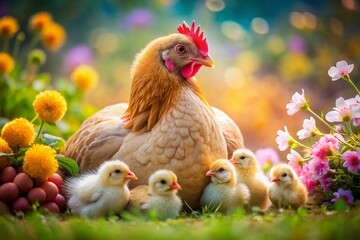 Fototapeta premium Happy Mother's Day: Close-up of Hen with Chicks, Spring Flowers, Macro Photography