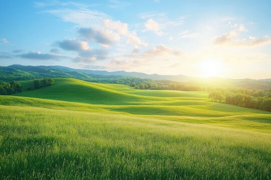 Serene countryside landscape lush green meadow bright blue sky morning sunlight rolling hills - Powered by Adobe