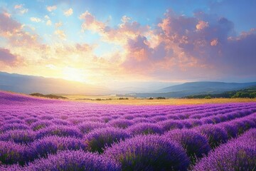Obraz premium Vibrant Lavender Meadow under Blue Sky