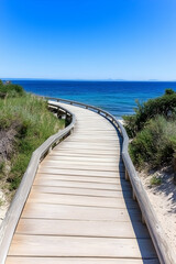Winding wooden boardwalk leads to a tranquil beach with turquoise water under a vibrant blue sky AI generative