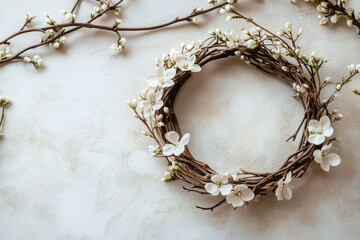 Minimalistic twig wreath with delicate white flowers on a textured background
