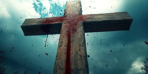 Bloodstained Wooden Cross Dramatic Illustration with Morning Light and Atmospheric Background