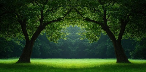 Obraz premium A serene scene featuring two large trees with lush green leaves, framing a bright, grassy area illuminated by soft light.