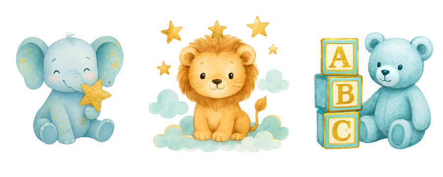Baby Elephant, Lion, and Teddy Bear with Stars and Alphabet Blocks