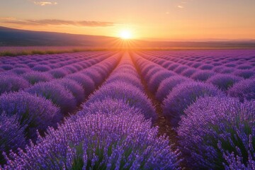 Obraz premium Lavender Field Sunrise Breathtaking Landscape Photography Nature Beauty Agriculture Countryside