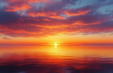 Obraz premium Stunning Sunset Over Calm Sea with Beautiful Clouds and Tranquil Ocean View in Romantic Realism Style