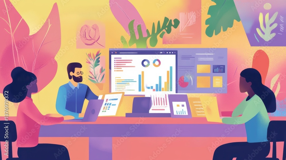 Aufkleber Diverse team collaborates on data analysis project, using laptops and large screen displays showing charts and graphs in a modern, plant-filled office.