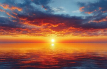 Fototapeta premium Vibrant Sunset Over Calm Ocean Waters with Dramatic Clouds and Serene Atmosphere