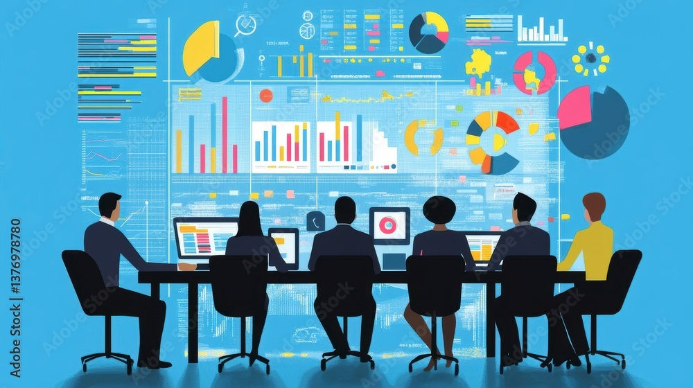 Poster diverse business team analyzes data on large screen.