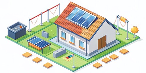 Isometric Cartoon Solar Panel Home Energy System Diagram - Sustainable Technology Illustration