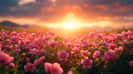 Obraz premium Vibrant pink flowers at sunset in a field.