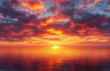 Breathtaking Sunset Over Calm Sea with Orange and Pink Hues Reflected in Water Romantic Realism Landscape