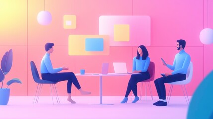 Three colleagues collaborate around a table in a modern, pastel-colored office.