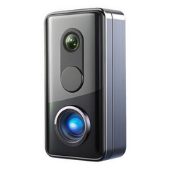 A sleek and modern video doorbell featuring a shiny black finish with illuminated blue button; perfect for enhancing home security with style.