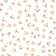 Fototapeta premium Seamless delicate pattern with small butterflies and soft floral bursts on a white background. Light, whimsical design ideal for gift wrap, gift packs, stationery, textiles, spring themes, branding.