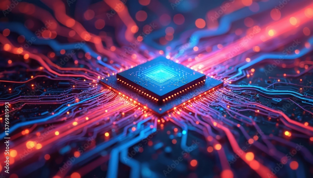 Aufkleber Illustration of artificial intelligence chip with complex network of fiber-optic cables. Abstract tech concept with microprocessor, circuit board, digital communication network. Focus on quantum