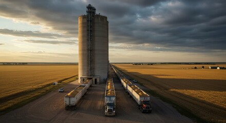 Grain Trucks at Silo Loading Harvested Crop in Rural Field